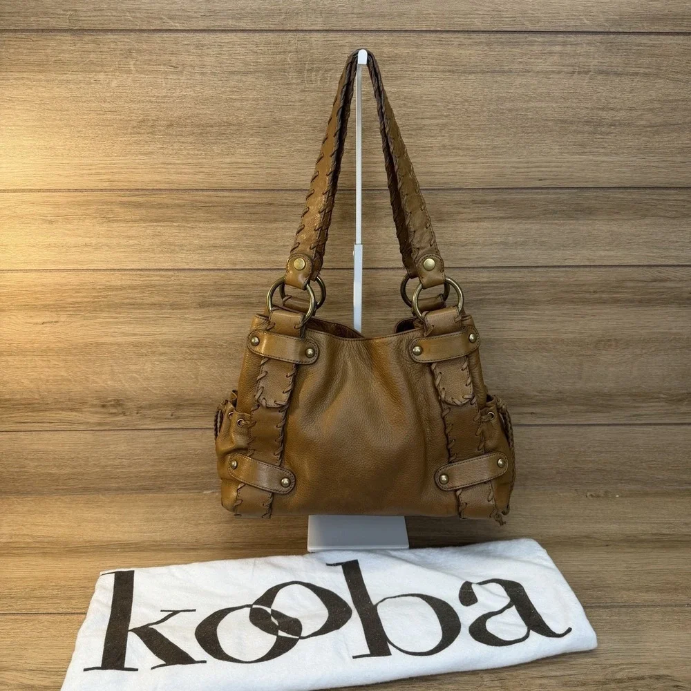 Kooba Sienna Leather Satchel Handbag Tan Whipstitch Braided Hobo Bag Vintage Y2K